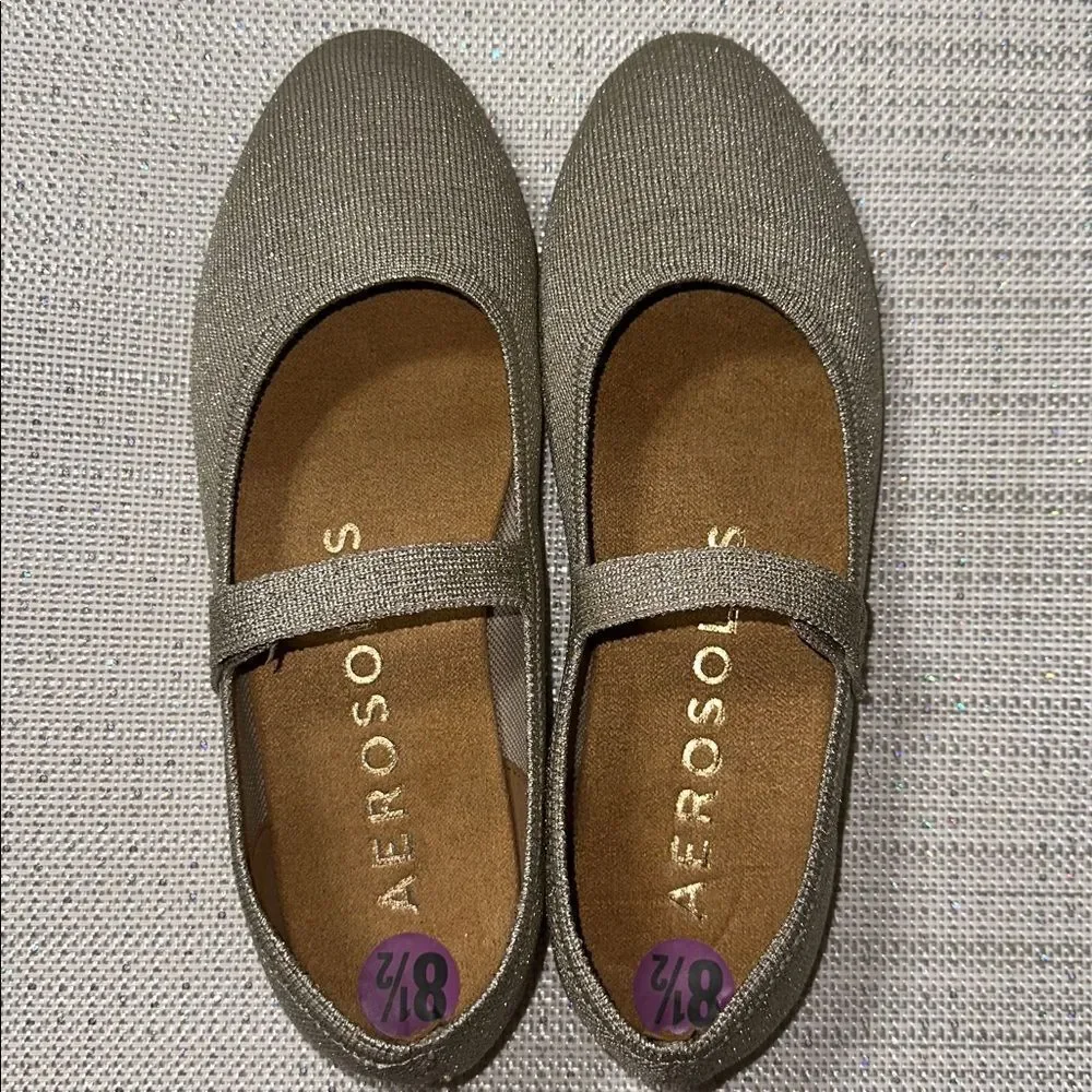 AEROSOLES 8.5 BOAZ Tan Gold Metallic Comfortable Knit Mary Jane Ballet Flats